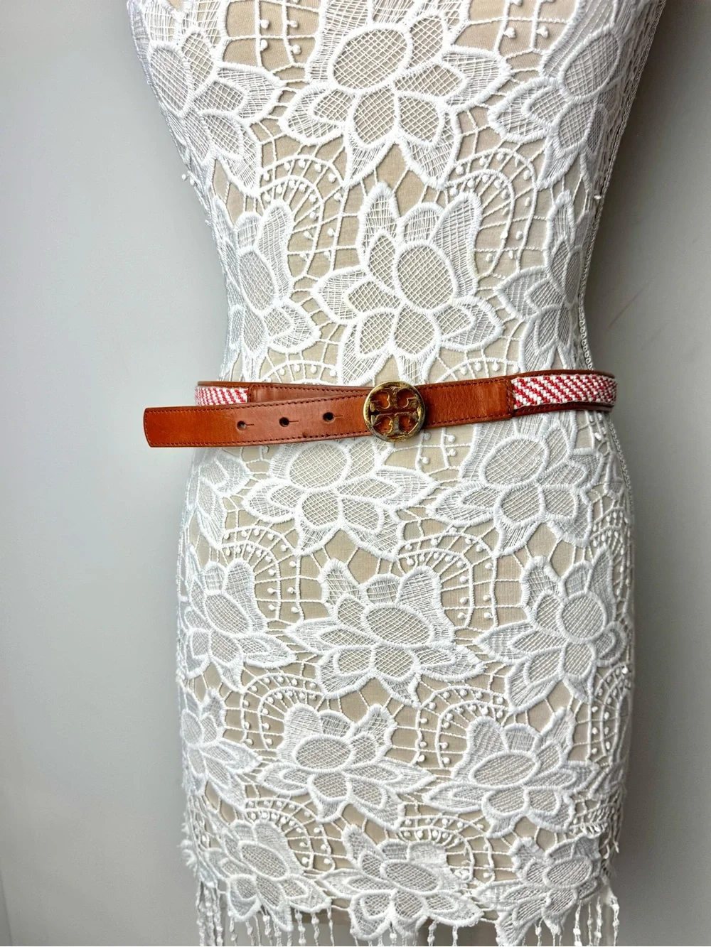 Tory Burch Cognac Leather Beaded Belt with Red and White Beads with TT Buckle XS